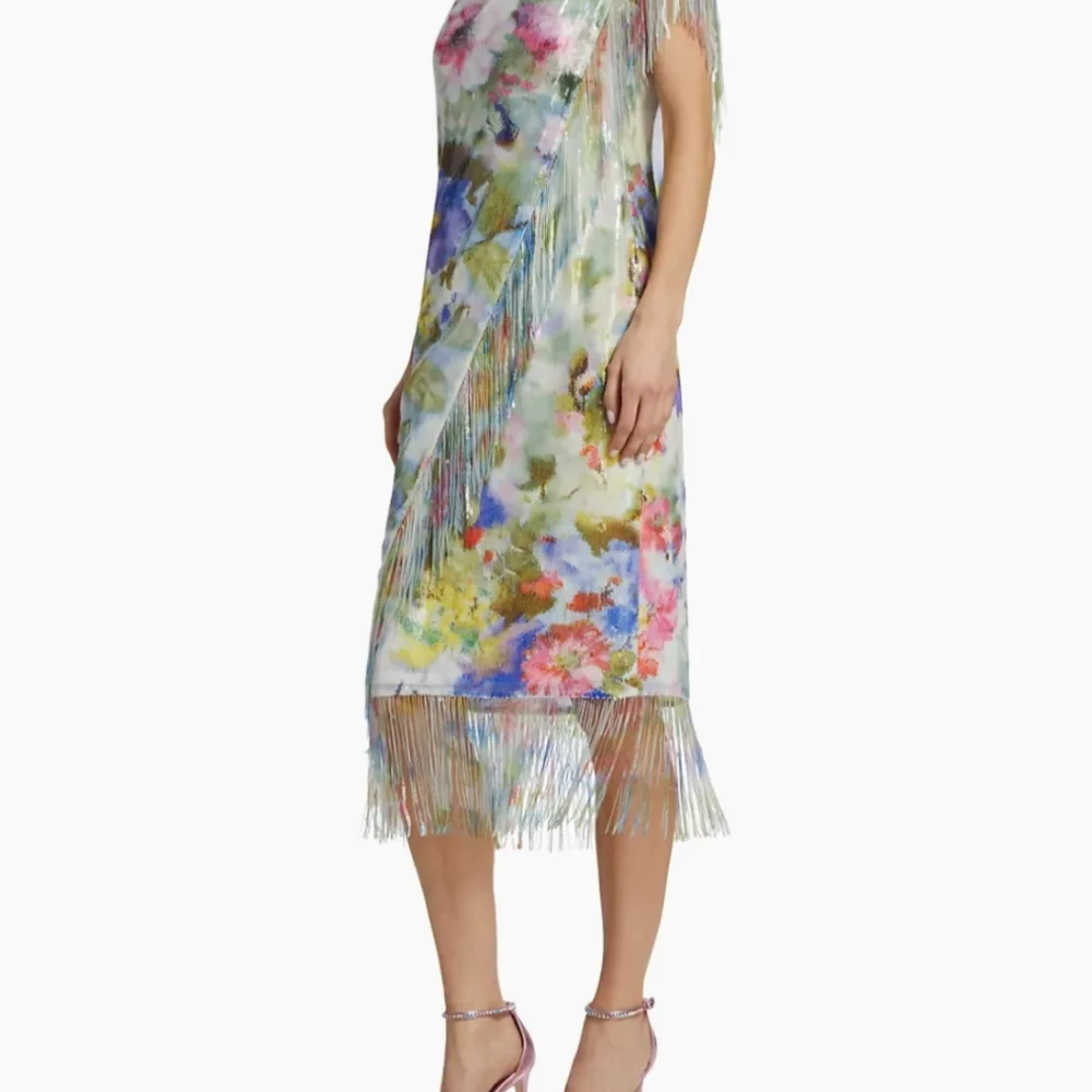 BADGLEY MISCHKA Green Multi Fringe Sequin Floral One Shoulder Dress - Picture 4 of 17